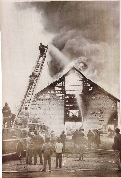 This fire at the Clifford A. Langworthy farm on May 13, 1970 took DCFD & 4 other area fire departments to extinguish. The blaze leveled the structure which was used as a hay barn. Photo courtesy of the Westerly Sun.